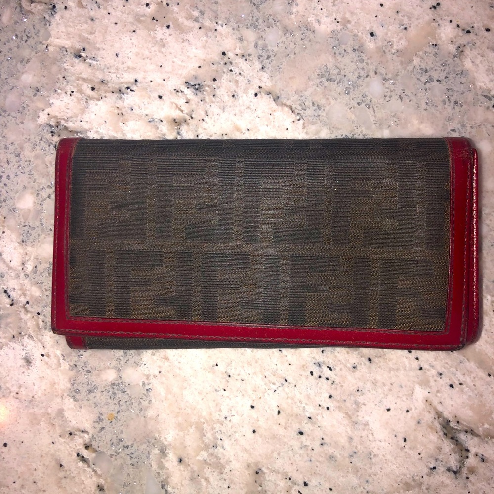 AUTHENTIC FENDI BROWN & RED FF LOGO WALLET